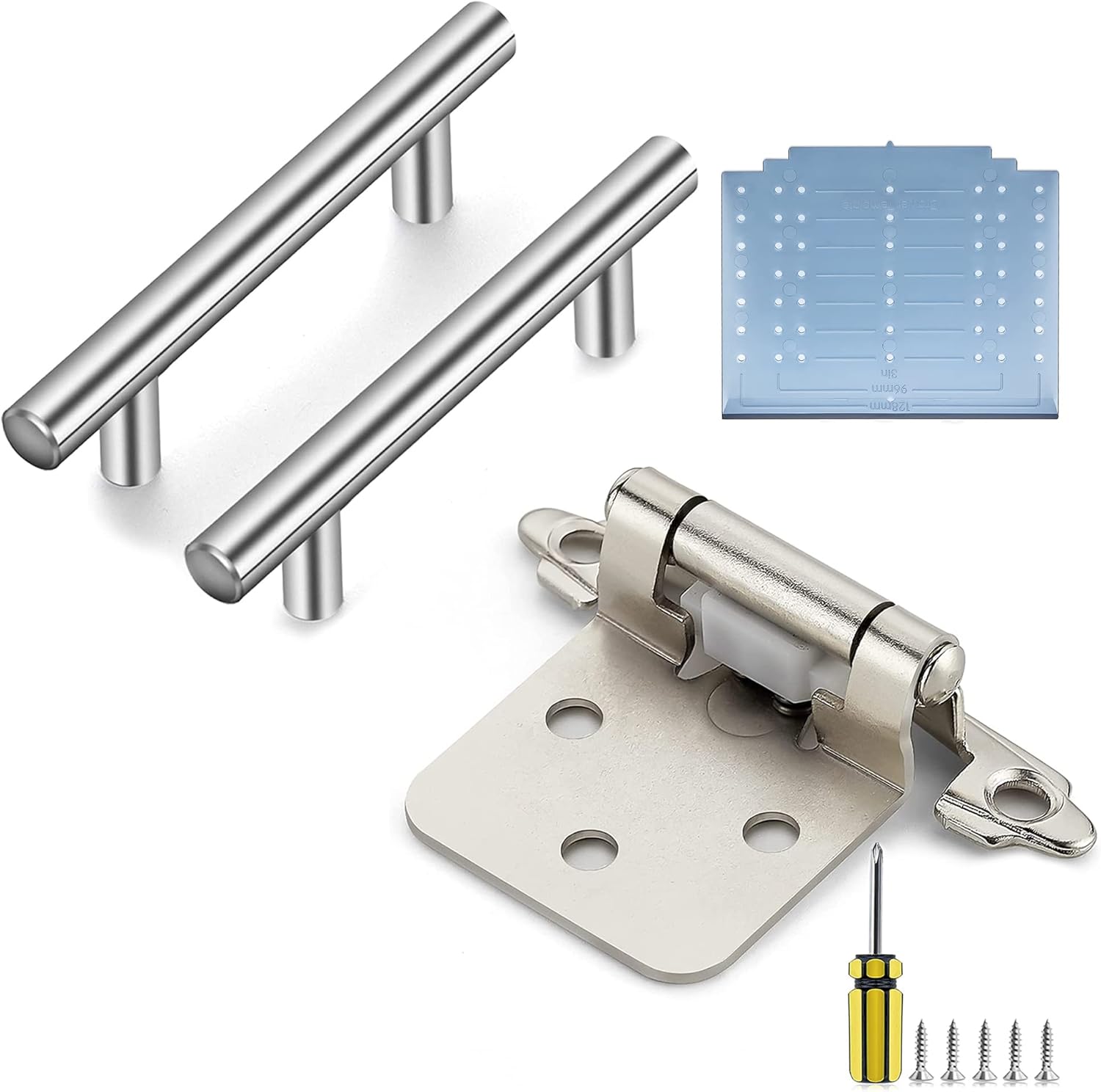 Ravinte 30 Pack 5" Brushed Nickel Kitchen Cabinet Pulls with Mounting Template& 50 Pack 25 Pairs 1/2 inch Overlay Satin Nickel Semi-Concealed Cabinet Door Hinges with Door Bumpers, Screwdriver