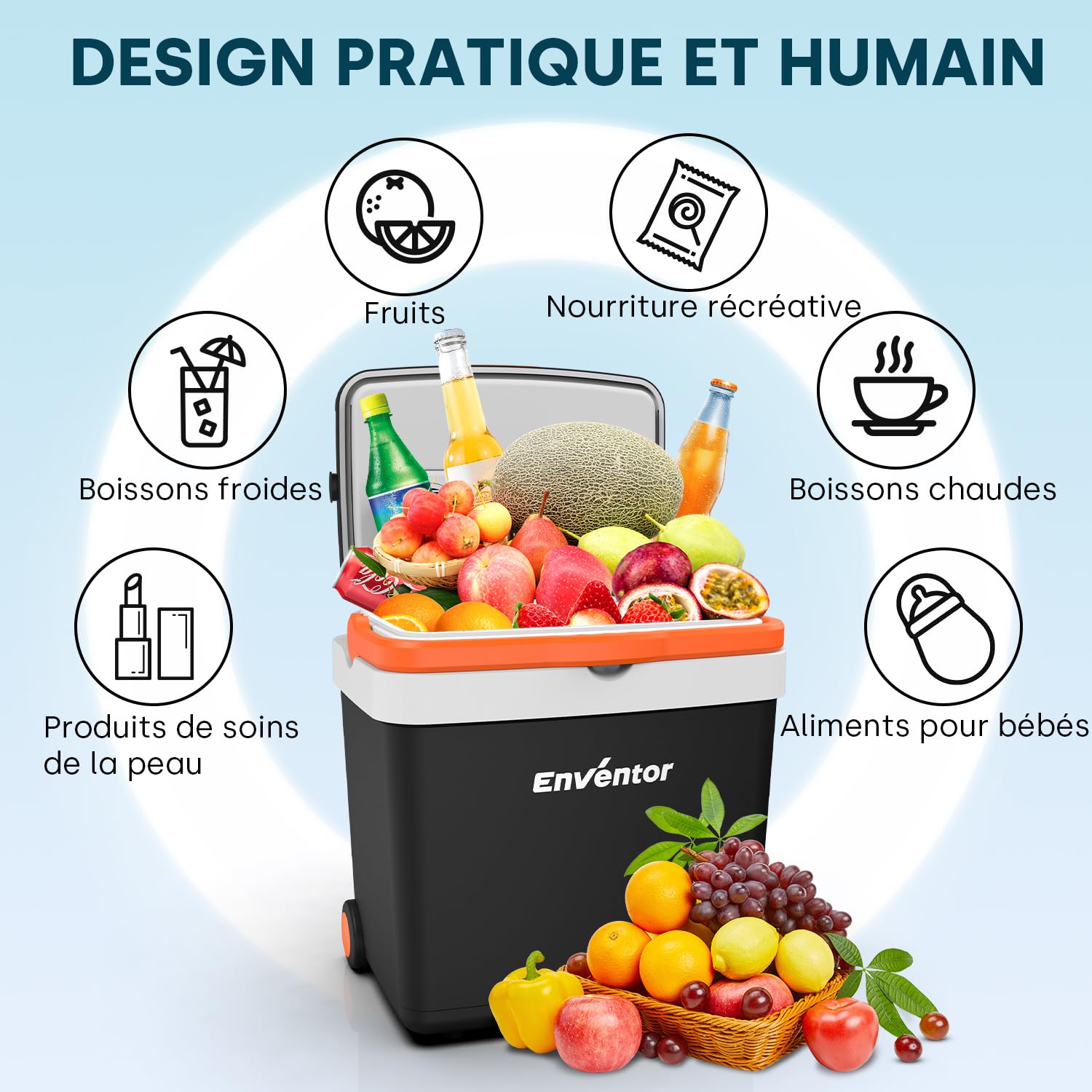 Enventor Glacière électrique 33 Litres, avec roulettes et poignée allongée, Mini Frigo pour garder au chaud et au frais, 12V 230V, mode ECO, réfrigérateur pour Voiture, Camping et Bateau