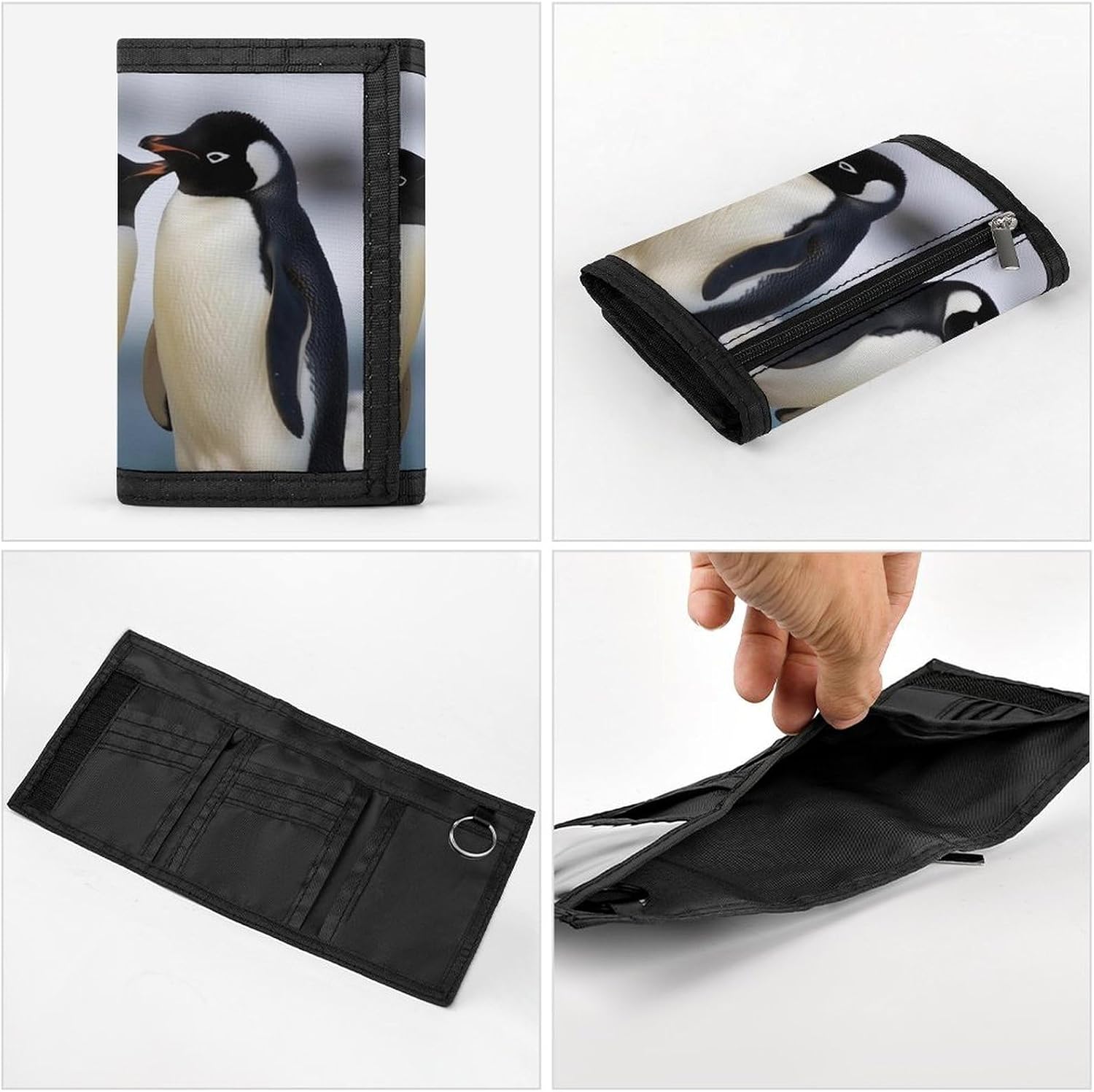 Trifold Canvas Wallet with Keychain, Modern Fashion Credit Card Holder Wallet for Men Women, I Love Penguins Slim Wallets W/Zipper Coin Pocket, Novelty Birthday Gift