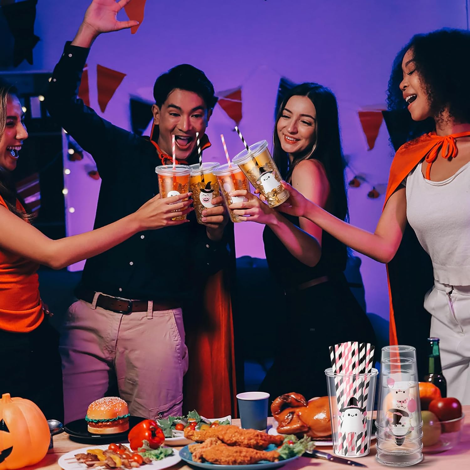 12 Pcs Halloween Plastic Ghost Cups with Straw and Lid Cute Pink White Ghost Cups for Drinks Halloween Decoration Party Favors - Image 7