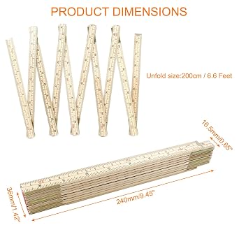 Folding Wood Ruler, 6.6 Feet 2 Meters | Wooden Foldable, Double Sided, Inch and Metric Measurements, For Carpenter Engineers Woodworking DIY Craft