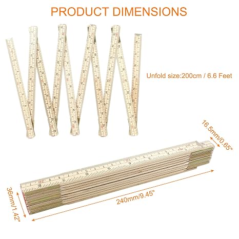 Folding Wood Ruler, 6.6 Feet 2 Meters | Wooden Foldable, Double Sided, Inch and Metric Measurements, For Carpenter Engineers Woodworking DIY Craft