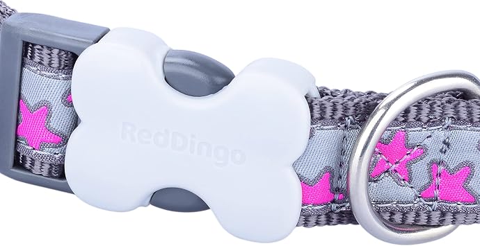 Red Dingo Bucklebone Dog Collar Design, Hot Pink Stars on Grey, Medium 20mm