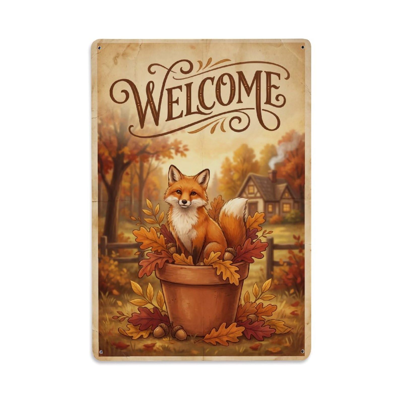 Cxhjca 8X12inch(20X30cm) Vintage Welcome Fox Countryside Metal Tin Sign