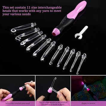 Chuangdi 11 Sizes Lighted Crochet Hooks Set Rechargeable,Pink-Black