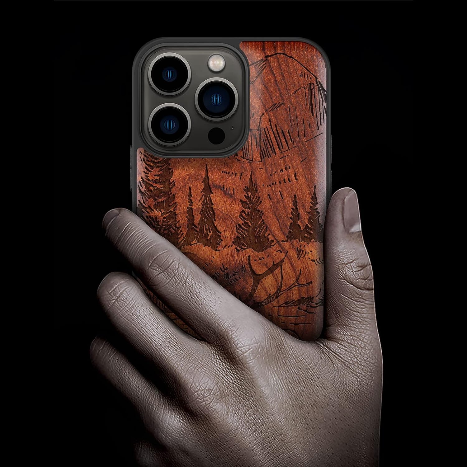 Carveit Magnetic Wood Case for iPhone 13 Pro Case [Natural Wood & Black Soft TPU] Unique Wooden Shockproof Protective Cover Compatible with magsafe (Mountains and Deer -Rosy)