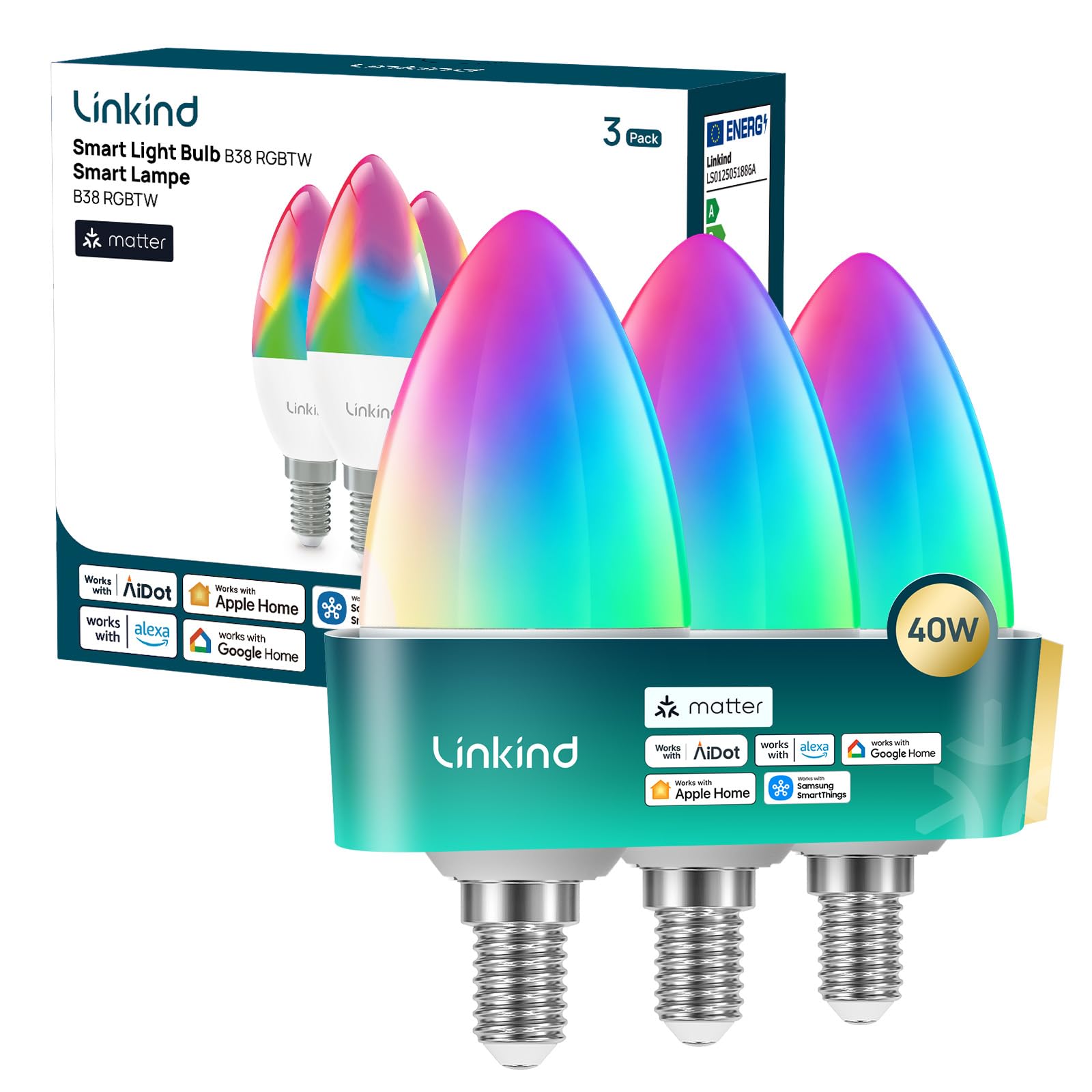 Linkind Bombilla Inteligente Matter E14 RGBTW tipo vela B38, 1800K-6500K, 16 millones de colores, regulable del 1 al 100%, compatible con Apple Home/Alexa/SmartThings/AiDot, 470 lm, 4,8 W, 3 unidades