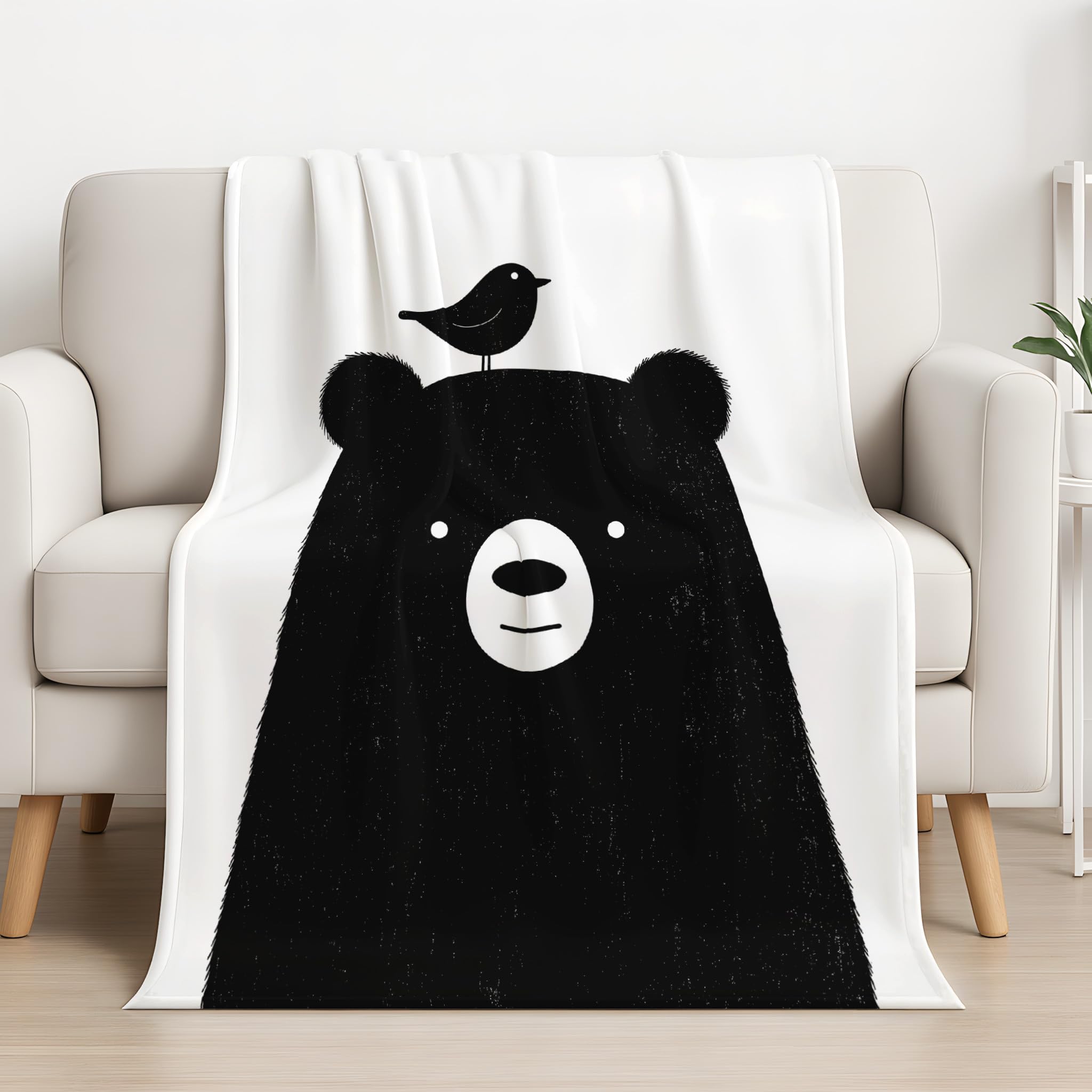 Generico Czarny pluszowy koc miękki 150 x 200 cm - minimalistyczny koc do rzucania na łóżko - miękki niedźwiedź ciepły ptak na sofę przytulny puszysty wysokiej jakości