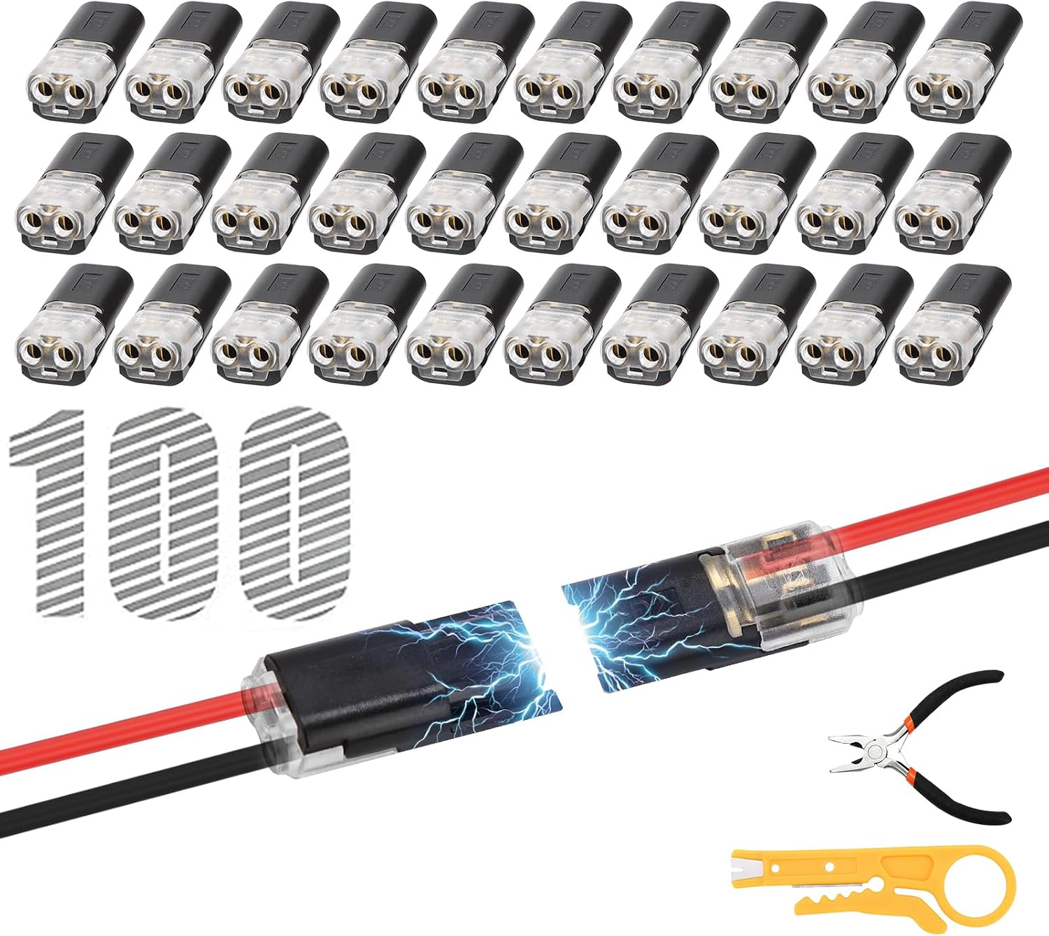 100 PCS Double Wire Plug-in Connector, Wire Cutter & Stripper | Snap-On Blocks with Locking Buckle Design for Low-Voltage Strip Lights DIY Crafting and Wiring Projects, Model Kits 2 Pin