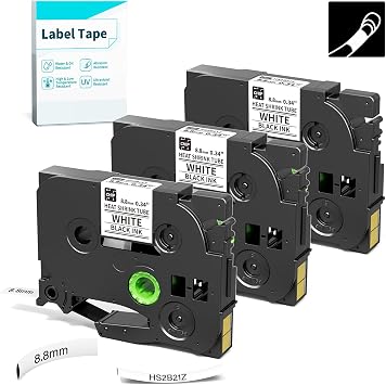 Vixic E1000 H1100 Heat Shrink Label 8.8mm BZ Tape HS2B21Z | Heat Shrink Tubing Label Tape for E1000 H1100 Label Maker, Wire Cable Labeling, Black on White, 0.34 Inch x 4.92ft, 3-Pack