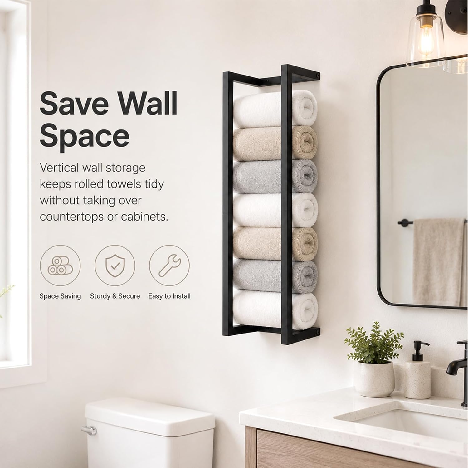 30 Inch Wall‑Mounted Metal Towel Rack for Rolled Towels, Matte Black Vertical Bathroom Towel Storage Organizer, Space‑Saving Square Towel Holder for Small Modern Bathroom & Guest Washroom
