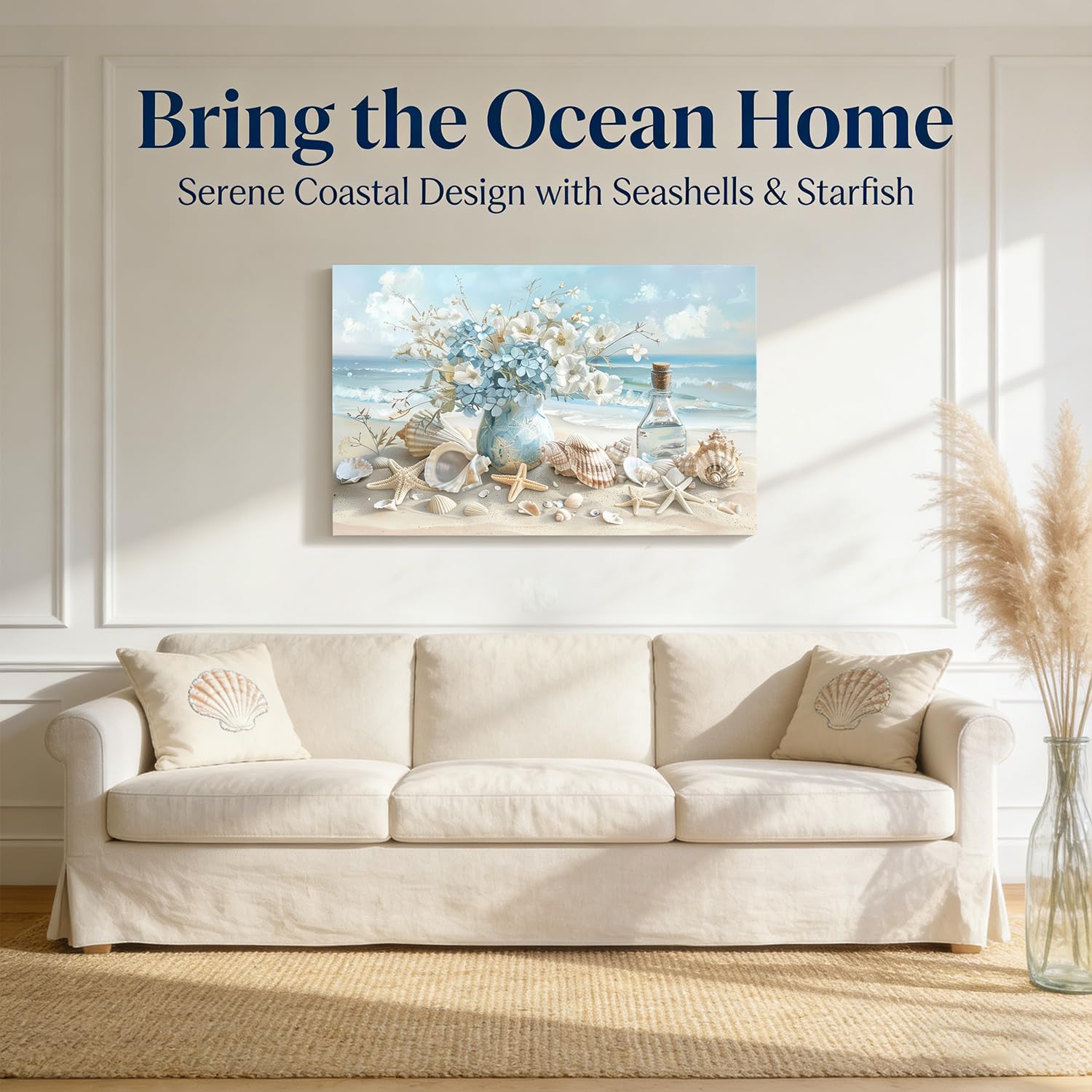 Blue Ocean Beach Bathroom Canvas Wall Art Seaside Seashell Painting Picture Wall Decor Starfish with White Flower Coastal Poster Print Artwork for Living Room Bedroom Bathroom 16x24 in Canvas