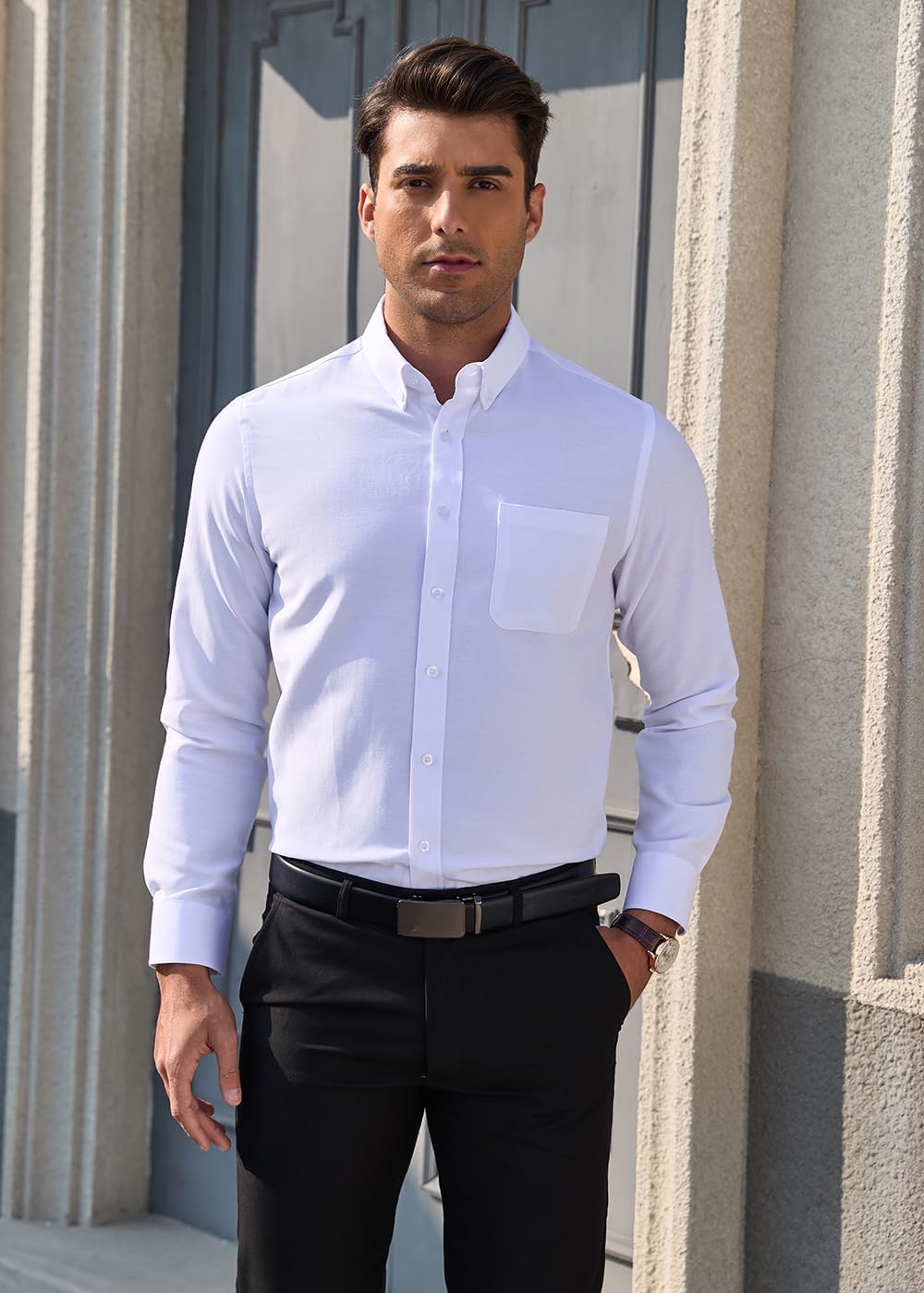 Demofair Men's Classic Oxford Shirt Solid Long Sleeve Button Down Casual Woven Shirts with Pocket - Image 3