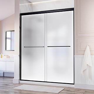60 inch Black Shower Door，Semi-Frameless Double Sliding Door with Two Ha...