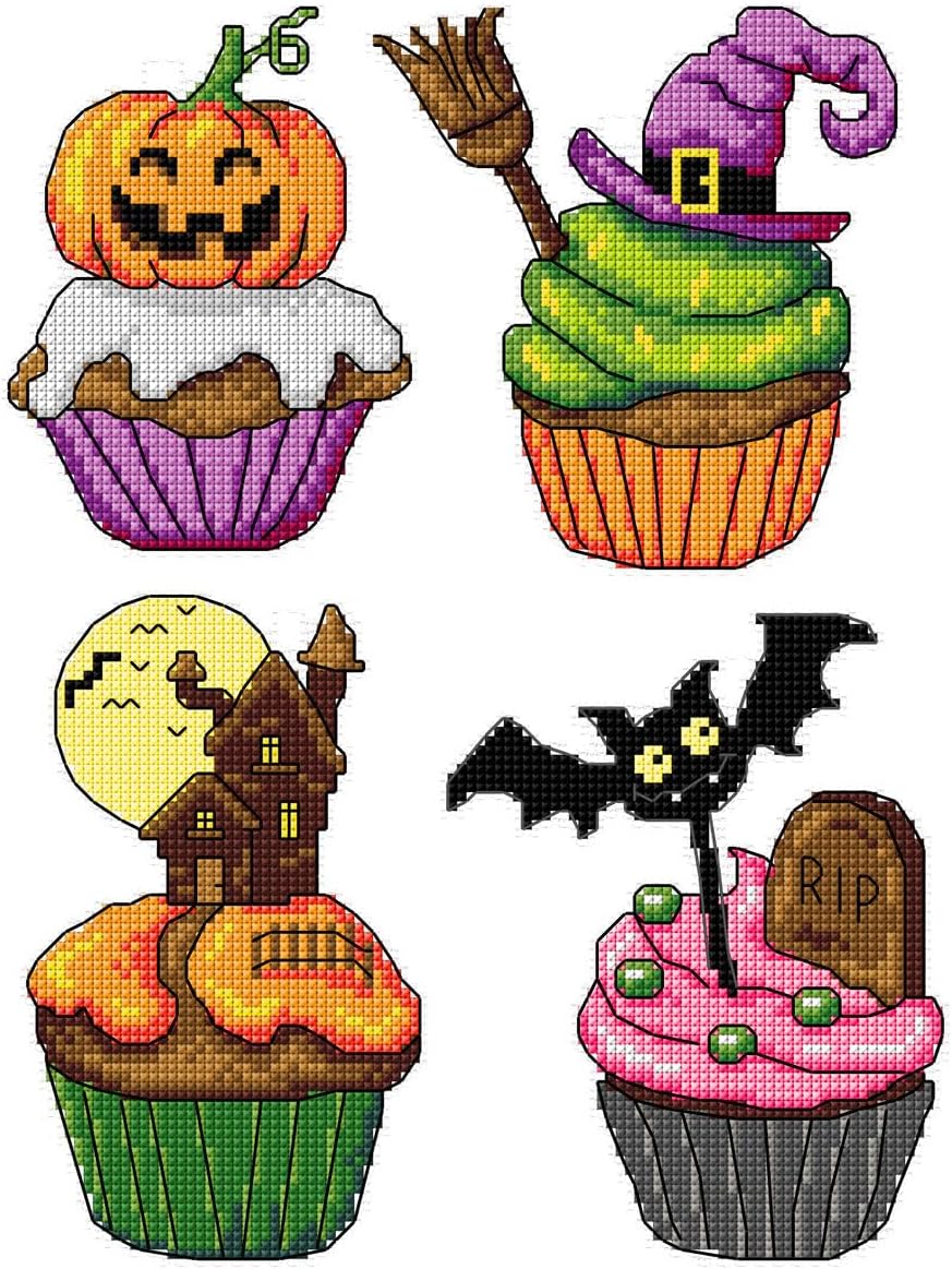 Counted Cross-Stitch Kit on Plastic Canvas with Cupcakes. 4 Wonderful Ornaments Different Dimensions. 14 Count Plastic Canvas Sheets 8.27x11.02 Inches. Perfect for Embroidery & Needlework Amateurs