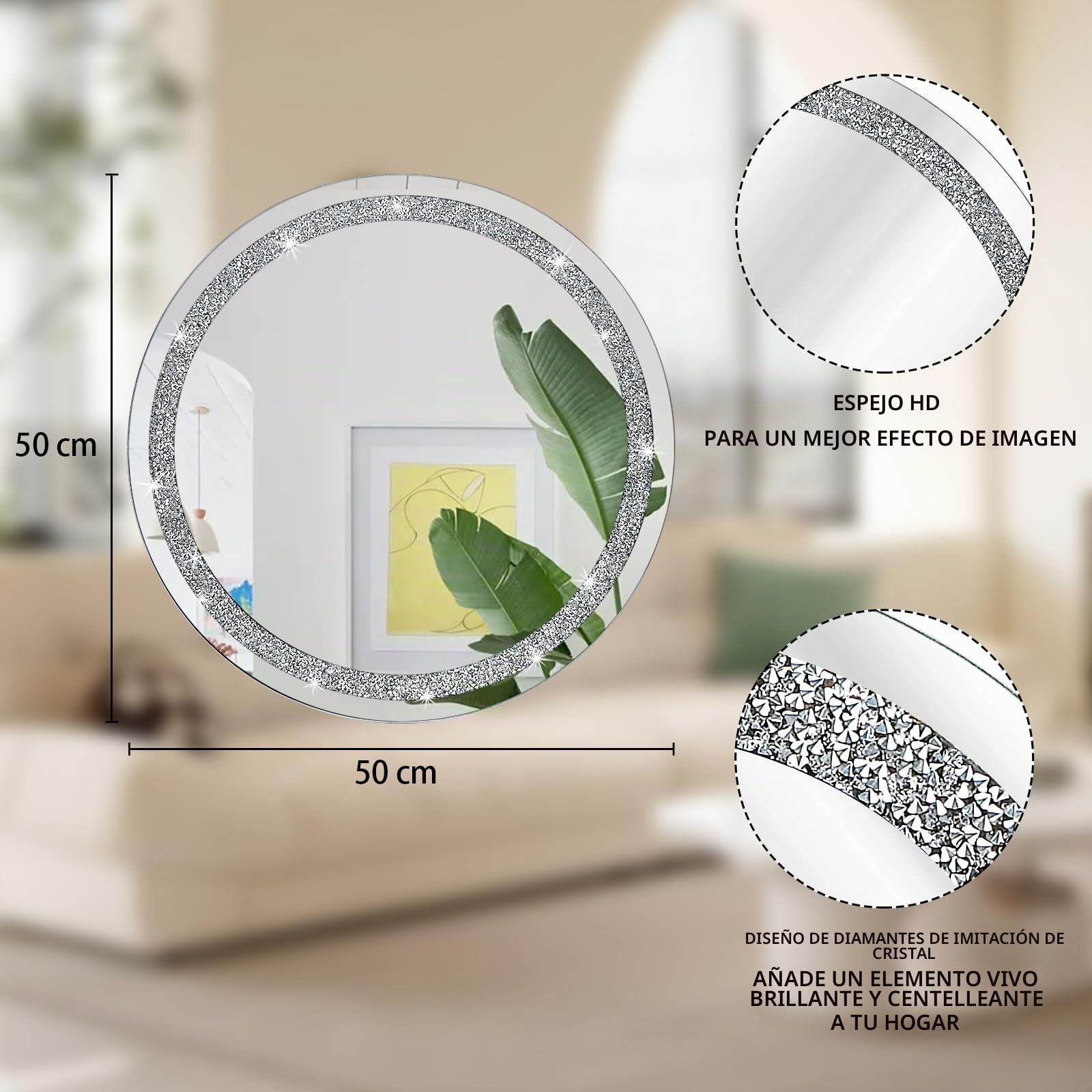 Espejo de pared con forma redonda de diamante aplastado para decoración de pared, 50 x 50 cm, espejo sin marco para sala de estar, baño, dormitorio, pasillo, decoración de pared