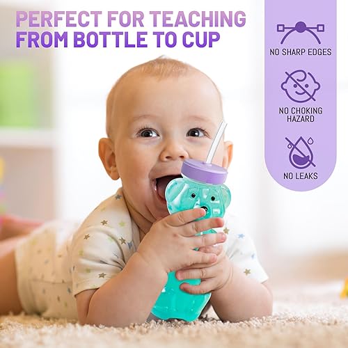 Miniatura 5 de 8 vasos con pajita de oso de miel, vasos de paja para bebé con 16 popotes flexibles y 2 cepillos, suministros especiales de 8 onzas para