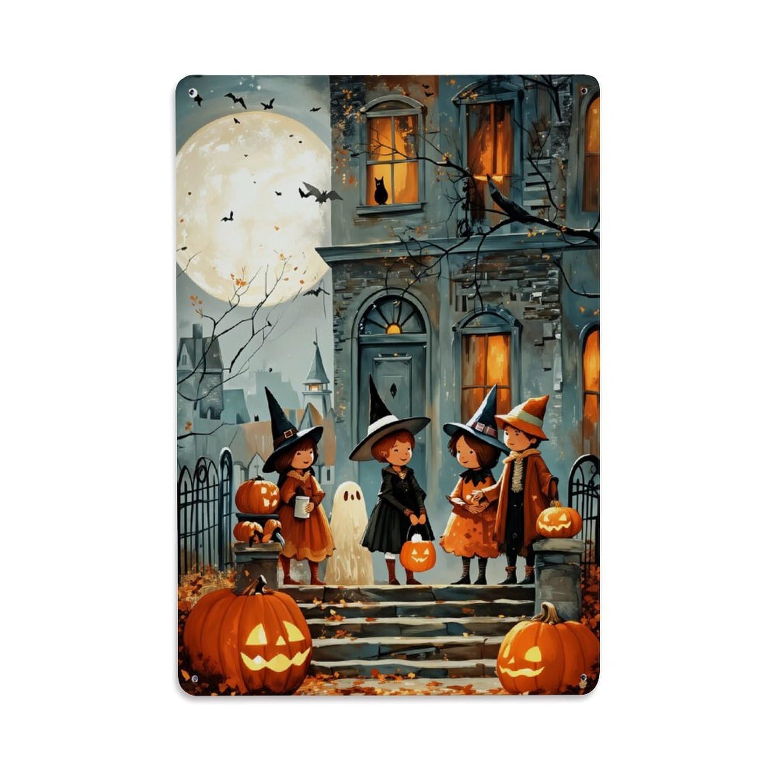 Enderetf Vintage Halloween Witch Children Moonlight Pumpkins Tin Sign Metal Poster, Home Bar Garage Man Cave Cafe Indoor & Outdoor Wall Decoration 8X12inches