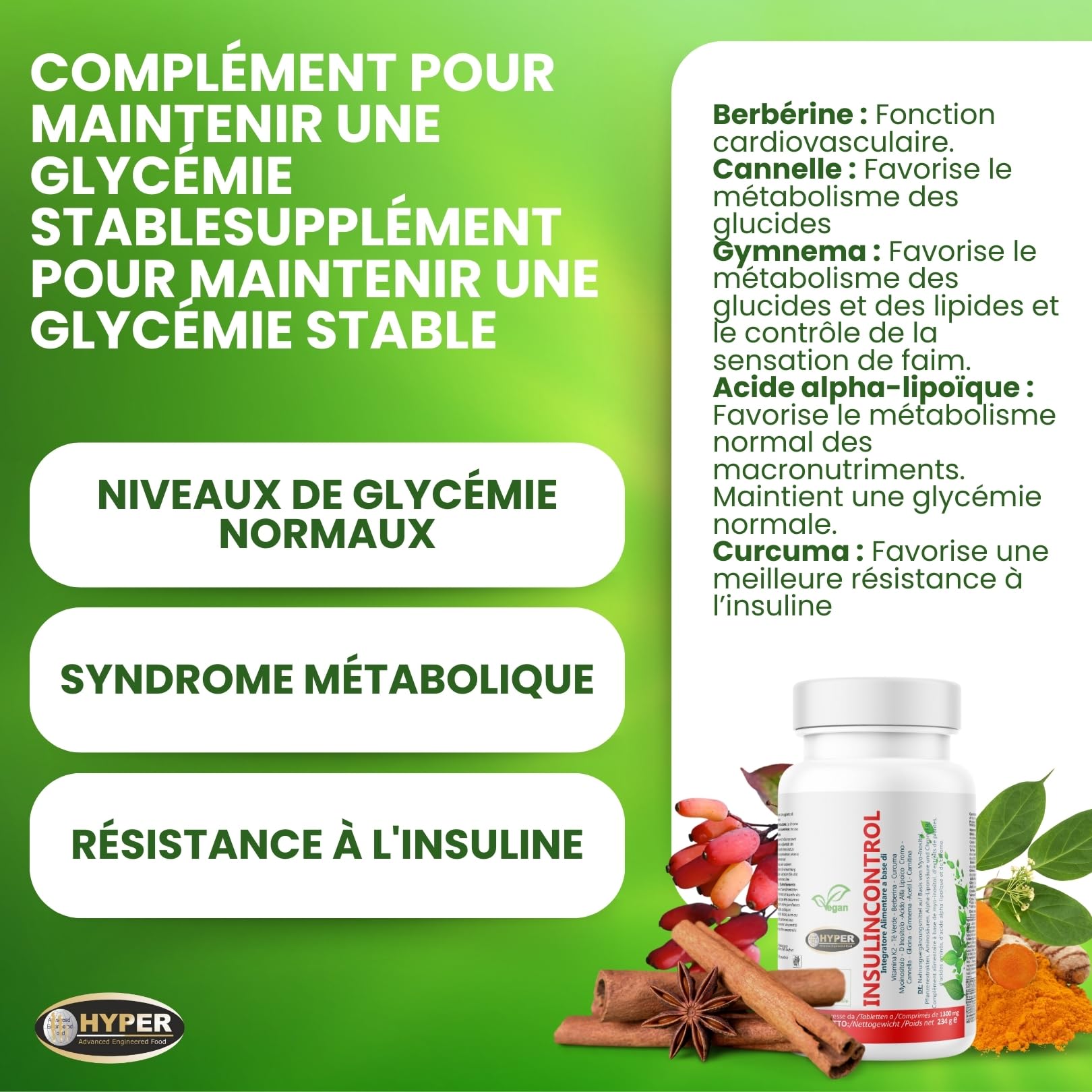 Hyper INSULINCONTROL 180 Comprimés - Complément alimentaire avec Berbérine, Cannelle, Gymnema, Myo Inositol - Taux de Glycémie, Métabolisme, Maintien des Niveaux Normaux de Glucose dans le Sang