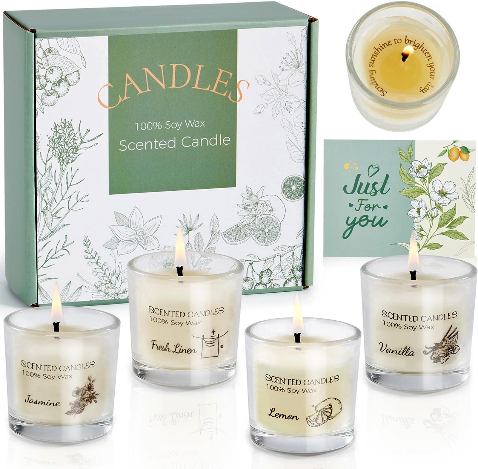 Scented Candles Gifts for Women, Votive Candles Set of Fresh Linen, Vanilla, Jasmine, and Lemon, Soy Wax Candle Gift Set for Birthdays, Weddings, Christmas