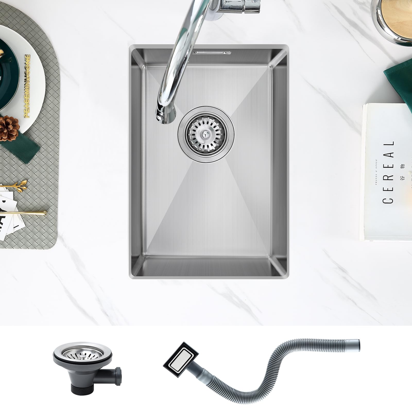 Fregadero de cocina de acero inoxidable 304 de 350x500x190mm con desagüe, fregadero de cocina pequeño con montaje inferior, de un solo tazón, reducción de ruido, montaje inferior, a ras de