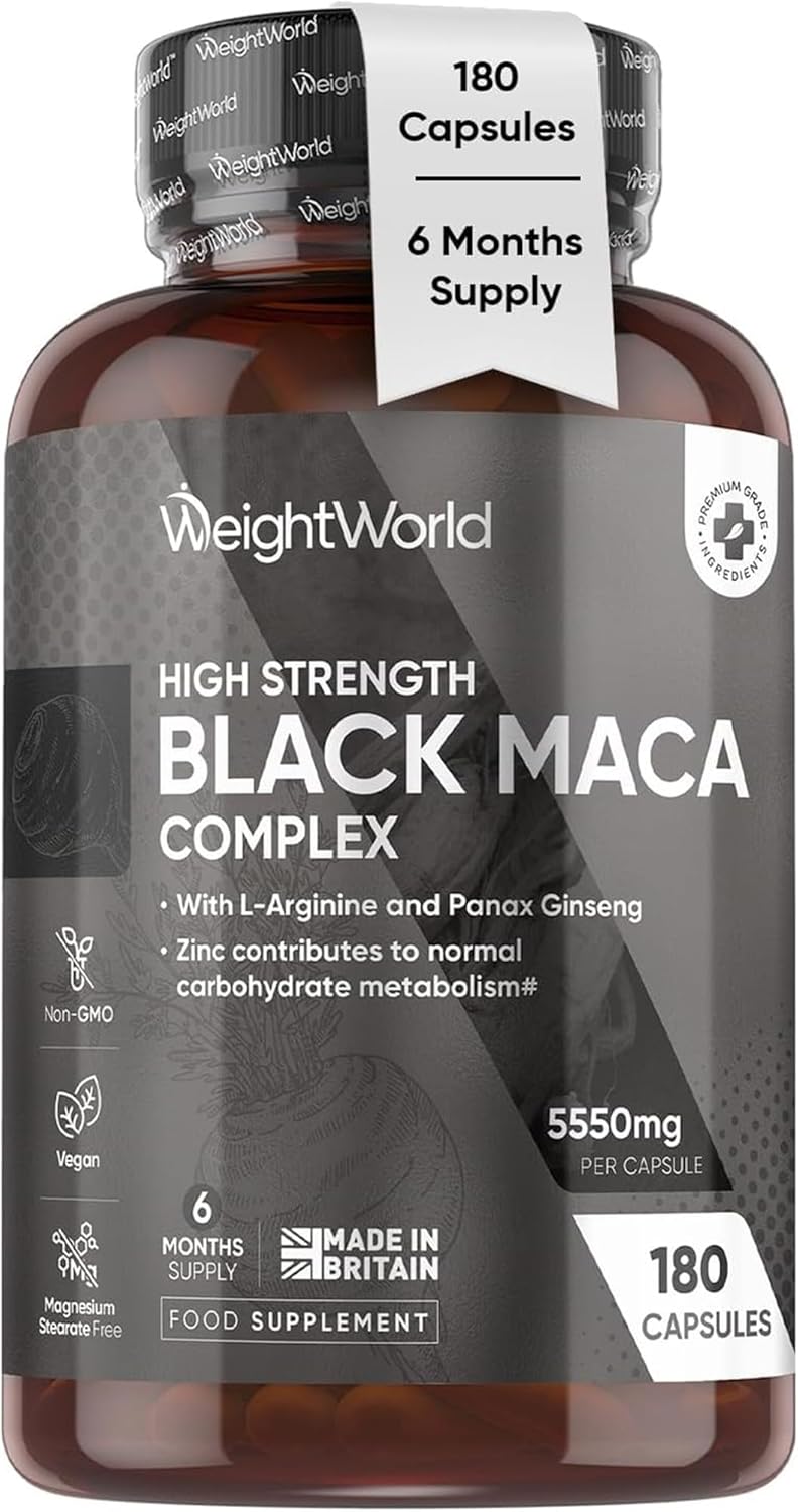 Maca Root Capsules 5550mg – 180 Capsules – 6 Months Supply – Black & Yellow Maca with L-Arginine & Panax Ginseng – Zinc Contributes to Normal Fertility & Reproduction (EFSA) – for Men & Women