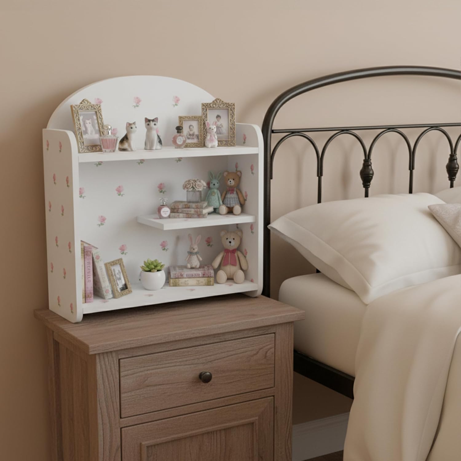 Bohemian Trinket Shelf, 3-Tier Wood Desktop Shelf Organizer, Pre-Assembled Tabletop Display Rack with Rose Flower Print, Aesthetic Storage for Office, Dorm, Vanity, White