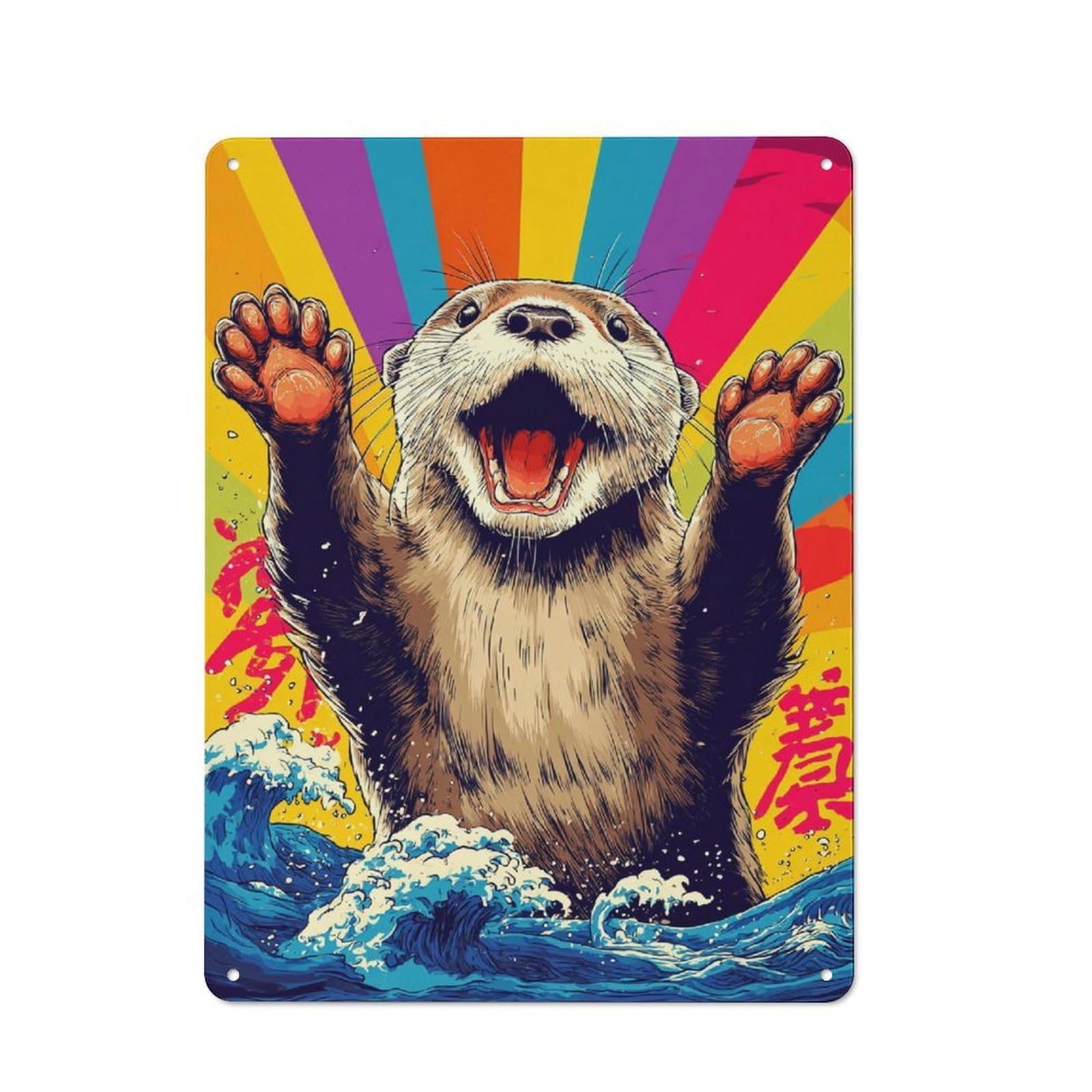 Junmoney Otter Surfing Rainbow Waves Decorative Metal Wall Decor 40X30cm, Vintage Metal Sign For Hallway, Home Bar, Garage Or Study