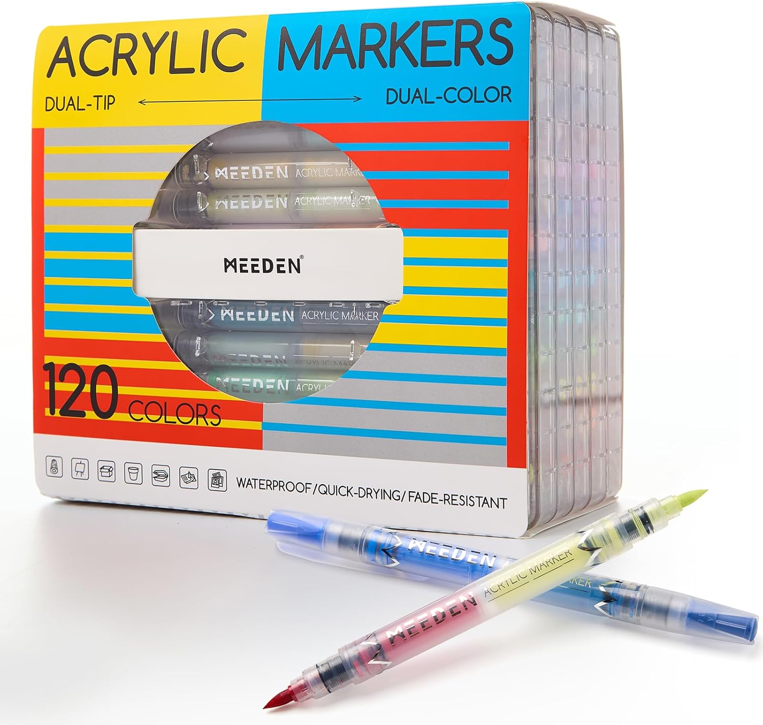 MEEDEN Acrylic Paint Markers Dual Tip: 120 Colors/60 Pcs Brush Tip Acrylic Marker with Automatic Ink Control for Art Supplies - Quick Dry Paint Pens for Rock, Wood, Glass, Easter Basket Stuffers