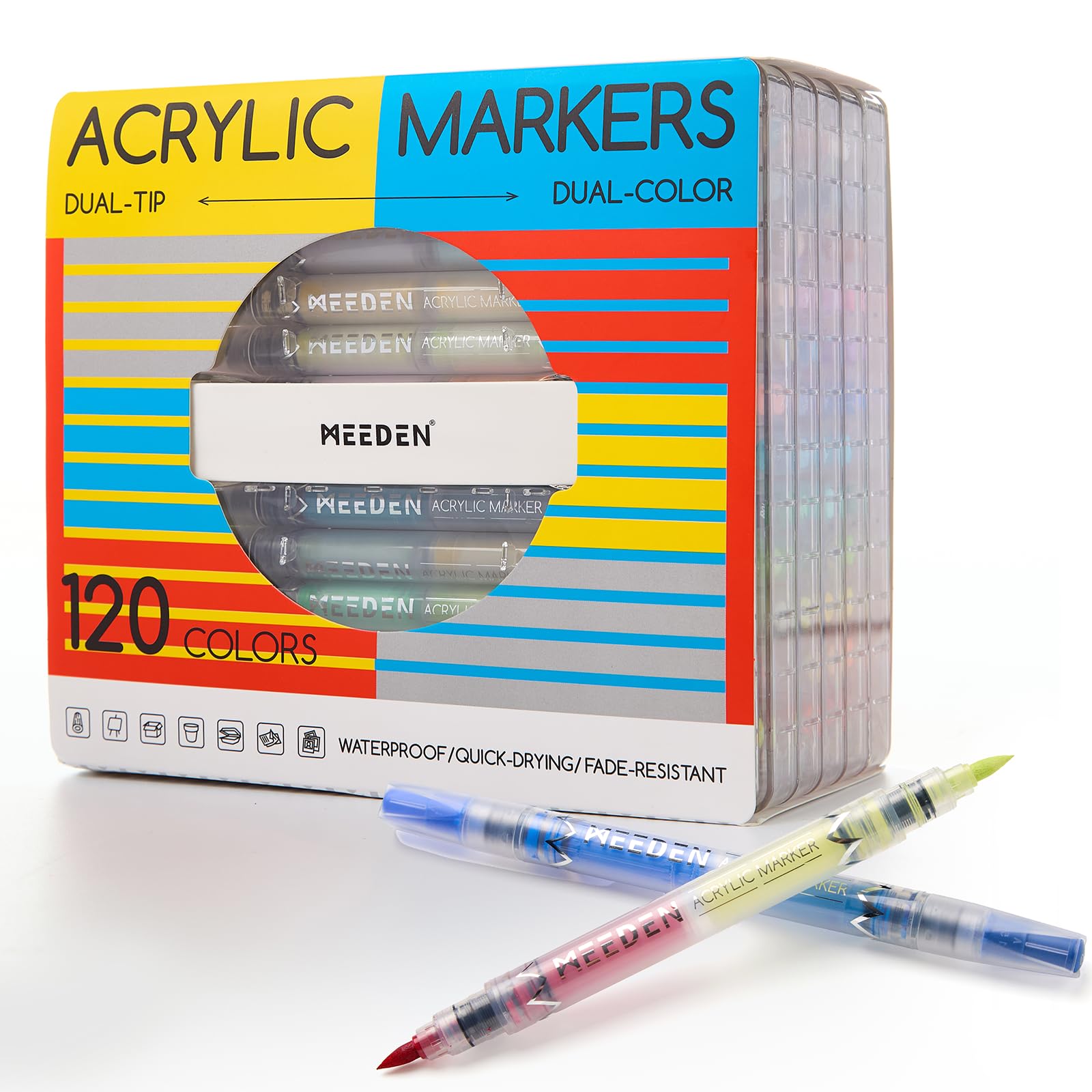 MEEDEN Acrylic Paint Markers Dual Tip: 120 Colors/60 Pcs Brush Tip Acrylic Marker with Automatic Ink Control for Art Supplies - Quick Dry Paint Pens for Rock, Wood, Canvas, Fabric, Glass, Metal