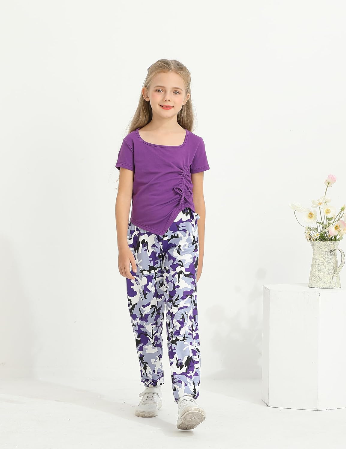 Girls Clothes Size 8 Irregular Ruched Drawstring Short Sleeve Top and Camouflage Pants 2Pcs Girls Camo Outfits Sets - Image 2