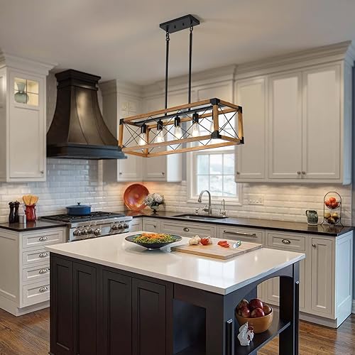 Miniatura 8 de Lámpara de comedor, Lámpara de granja, Iluminación de isla de cocina, Lámparas colgantes rústicas de 5 luces, Luces de isla de madera de campo