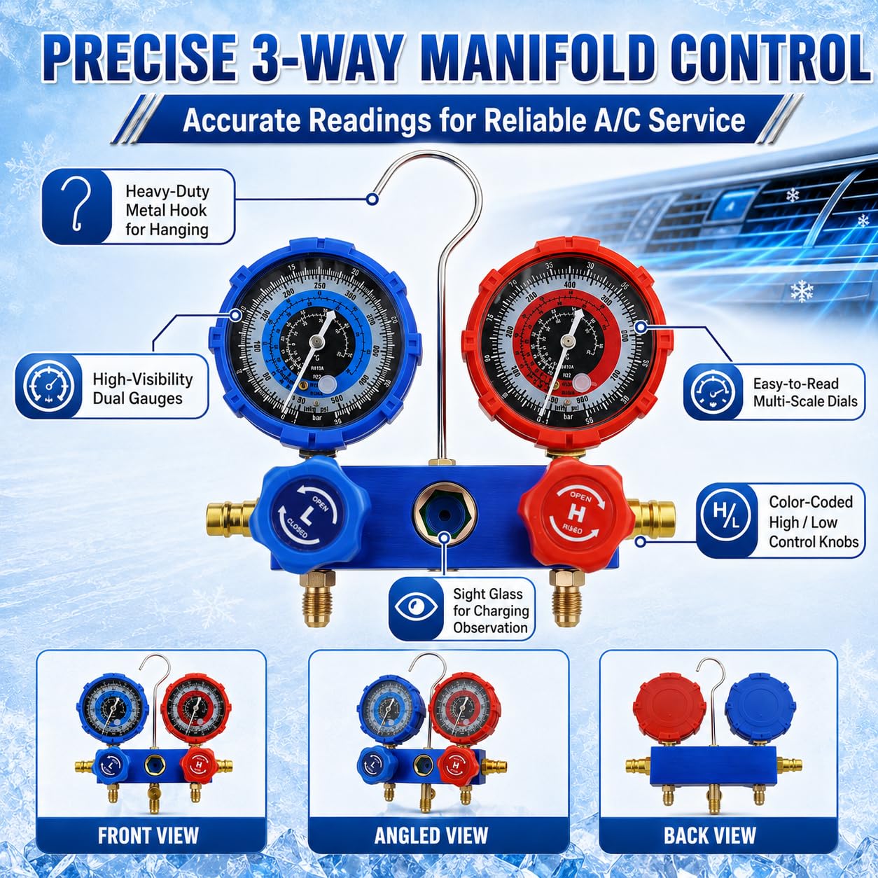 AC Gauge Set HVAC Gauges - 3 Way Manifold with R134A Refrigerant Recharge Kit for R410A, R22, R404A Refrigerants, 4000PSI Hoses, Quick Couplers, 410 Adapter, Puncturing Can Tap & Valve Core Tools