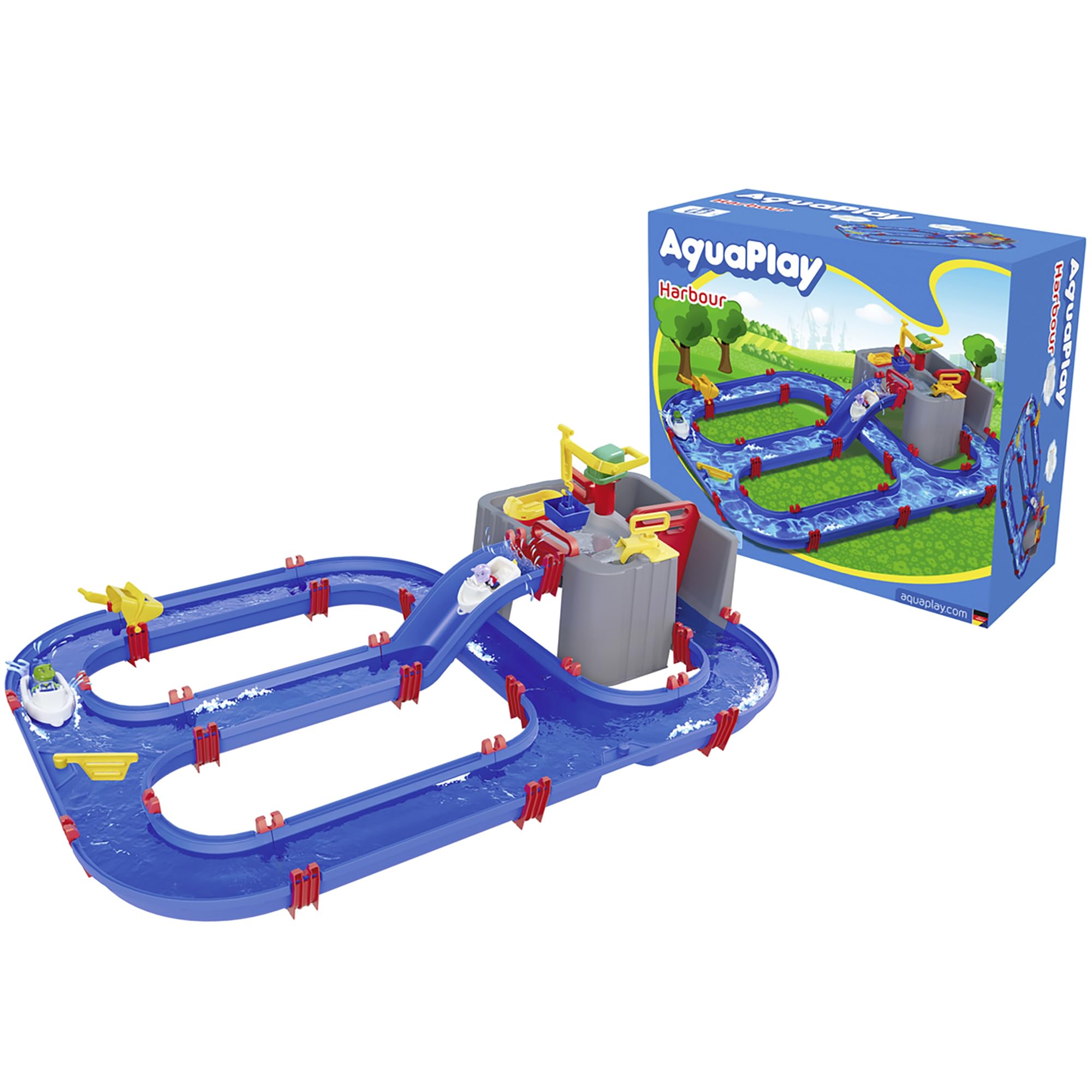 AquaPlay Harbour Waterbahn - Juego de Agua para Exteriores con Tren, Barcos y 2 Figuras de Juego, Juguete acuático para niños a Partir de 3 años, 128 x 93 x 40 cm