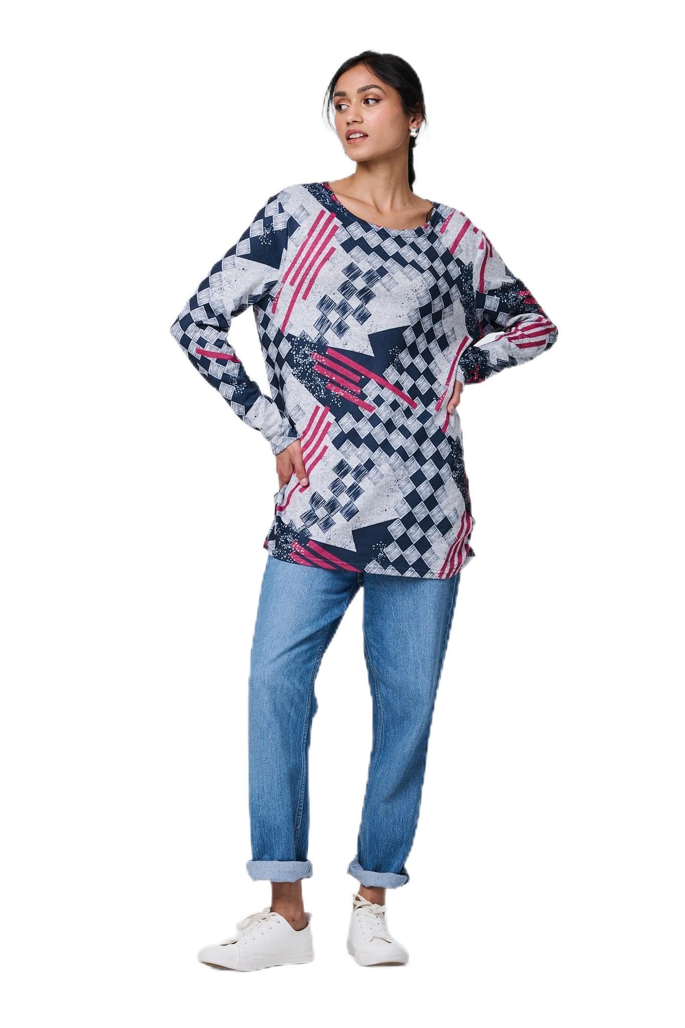 Izabel London Women's Grey Geo Print Long Sleeve Tunic Top In Size 12