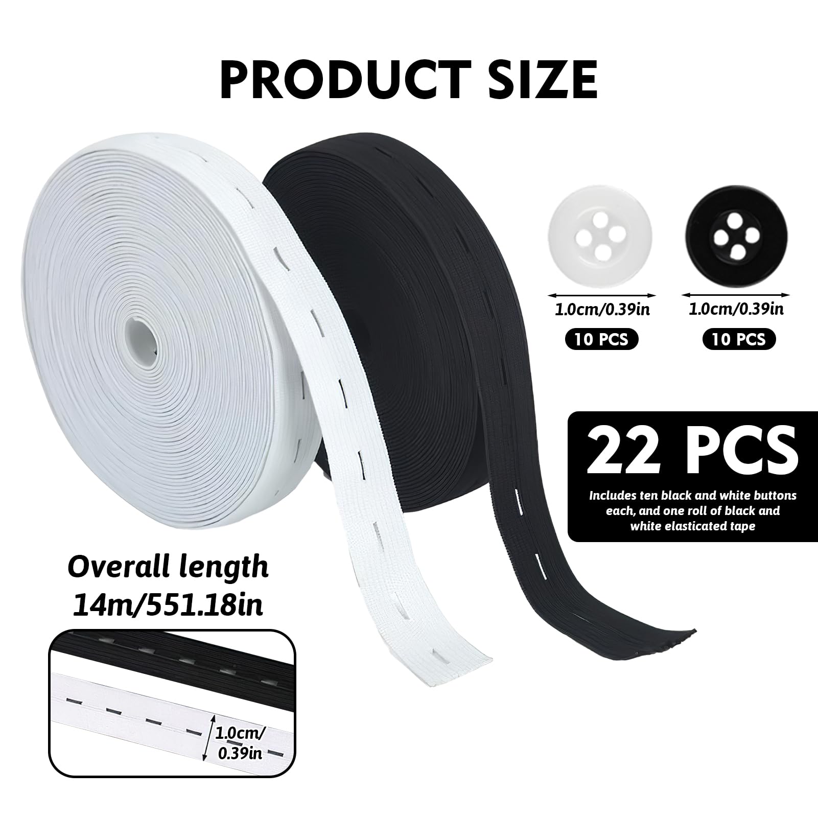 Lot 2 Élastiques à Œillets 14 M + 20 Boutons Résine – Bande Élastique Couture Extendeur Taille, Blanc + Noir, Pour Pantalons, Jupes, Grossesse