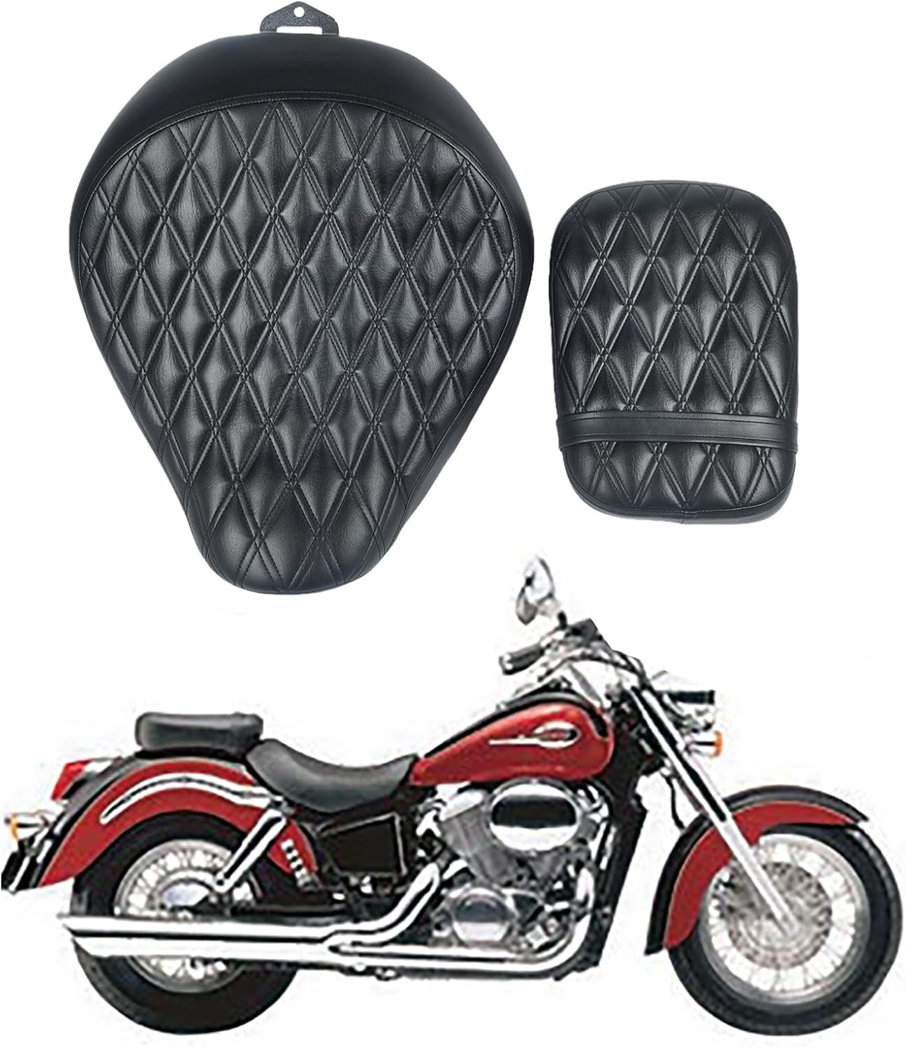 Motorcycle Black Diamond Stitching 2-Up Front & Rear Driver Passenger Seat Cushion Fits For 1998-2003 Honda Shadow VT750 VT750C VT750CD