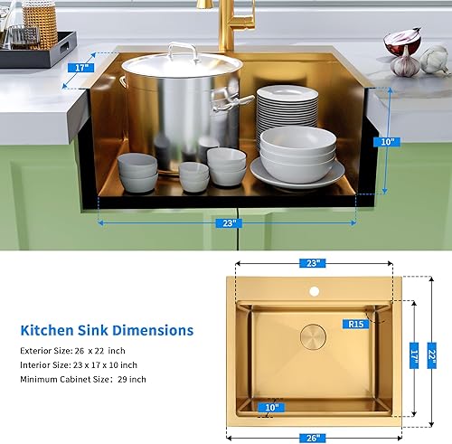 Vista 21 de Fregadero de barra dorada para montaje inferior, fregadero de barra pequeña y preparación, fregadero de barra de acero inoxidable calibre 16