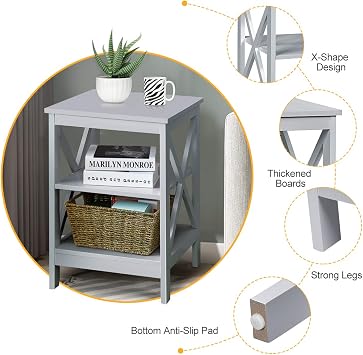 COSTWAY Bedside Table, 2/3-Tier Nightstand Sofa Side End Table with Storage Shelf, Modern Wooden X-Shaped Coffee Snack Table for Living Room, Bedroom and Office (Grey, 3 Tiers: 40 x 40 x 61cm)