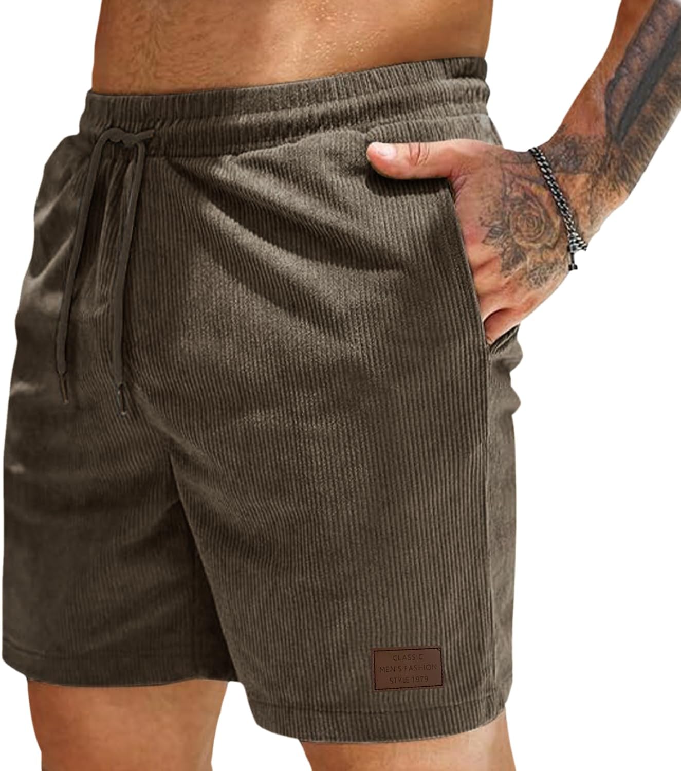 UK looes Men's Corduroy Shorts Casual Elastic Waist Drawstring Summer Beach Shorts Lightweight Shorts