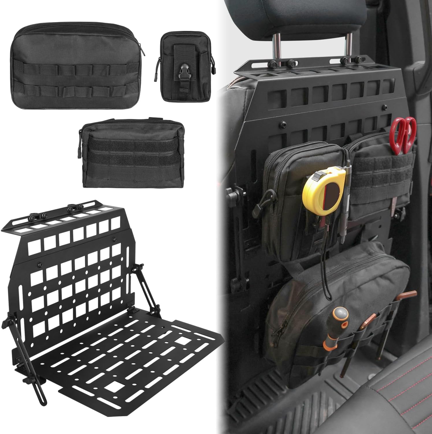 Heavy Duty Car Back Seat Rigid MOLLE Panel Headrest Insert Organizer Storage Rack Compatible With For Chevy Solod Jeep Wrangler Gladiator Toyota Tacoma Ford Bronco F150 Backseat Storage Panel