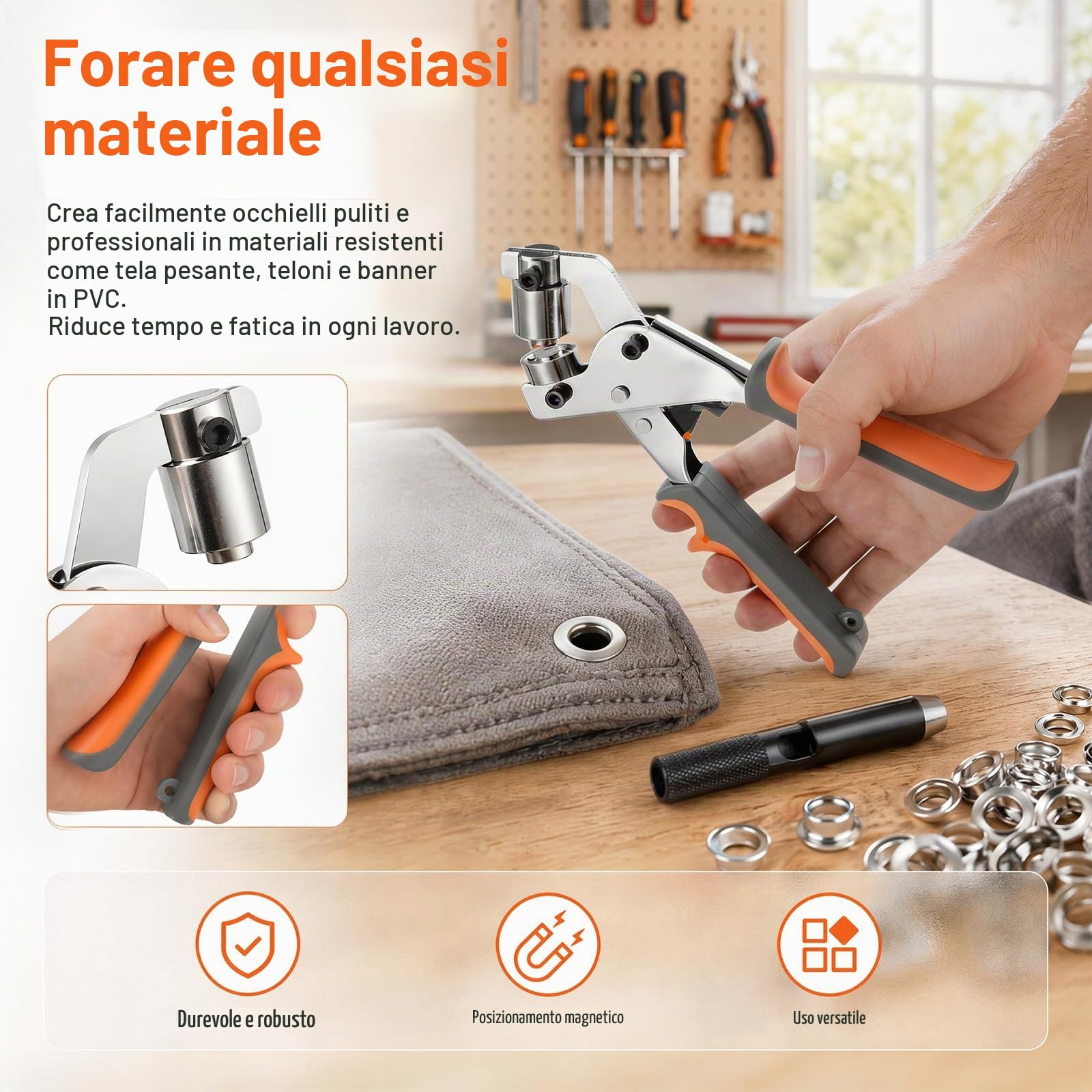 Pinza per occhielli, con 10 mm con 100 occhielli argentati, Kit di riparazione professionale con punzone nero – Per tessuto, cuoio, telone, tela da tenda, tende da sole