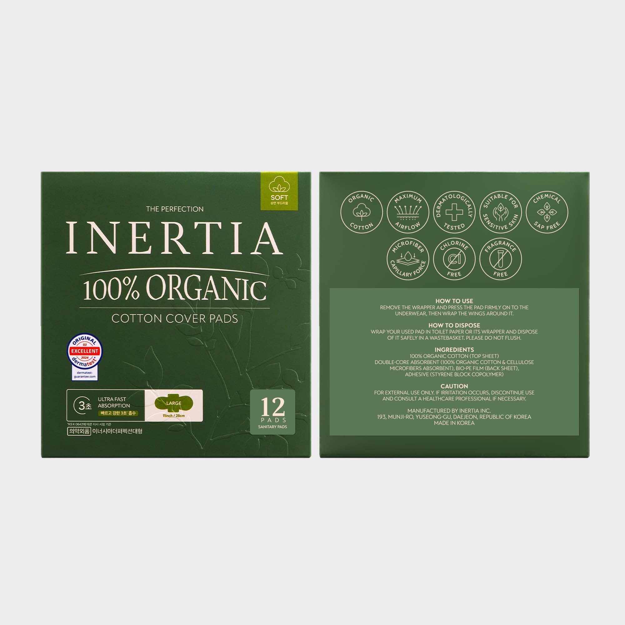 INERTIA The Perfection Green Bundle (Regular 14 Count, Super 12 Count) – 100% Organic Cotton Korean Pads with Wings, Ultra Fast Absorption & Breathable Bio-Film, Leak-Proof & Hyperallergic, Women