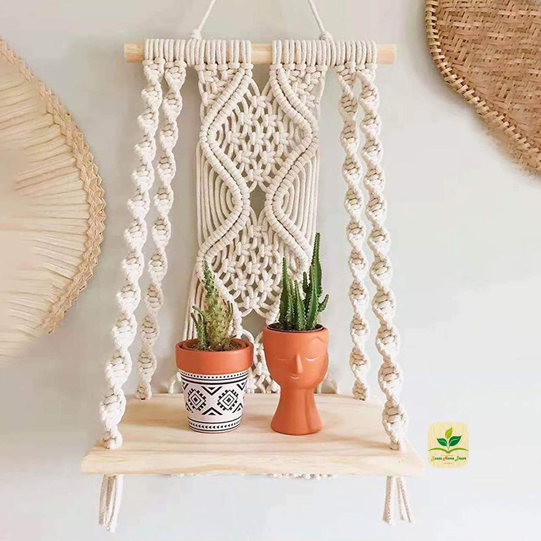 Zazza Home Decor Wooden Handmade Macrame Boho Indoor Rope Plant Hanger Wall Hanging Shelf (Model - SS11) (B092DN155H) Amazon Price History, Amazon Price Tracker