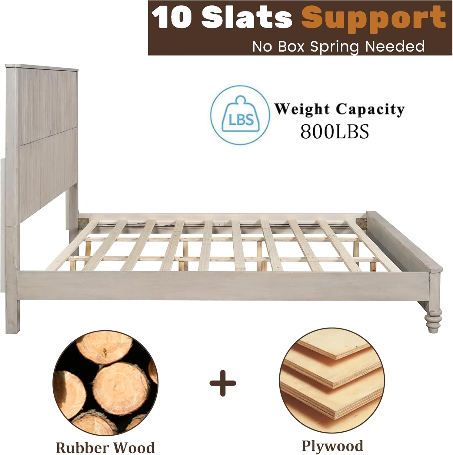 King Size Platform Bed with Tall Headboard & Footboard,Rubber Wood King Bed Frame with Wood Panel Bed Base, Solid Wood Legs,No Squeak, No Box Spring Needed, Beige Beige King