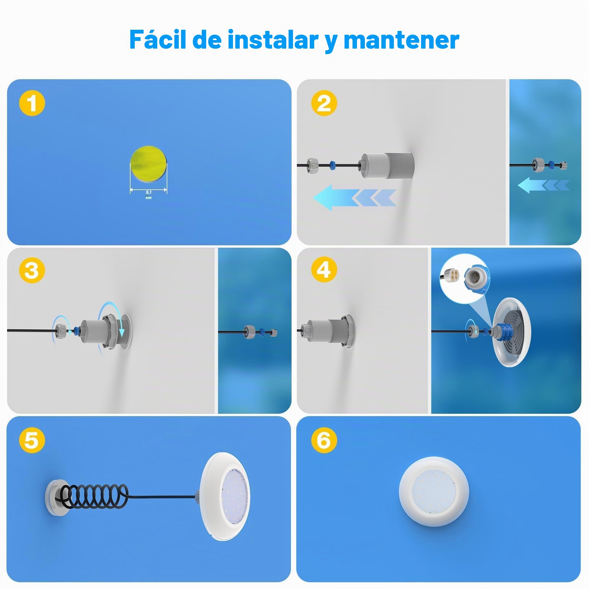 LyLmLe Foco Piscina LED con Rosca Externa 2", 12W Proyector LED Piscina 2 Colores Blanco 3000K y 6000K, Ø190mm, 12V AC Lámpara Sumergible para Piscinas Fibra y Prefabricadas Piscinas Elevada