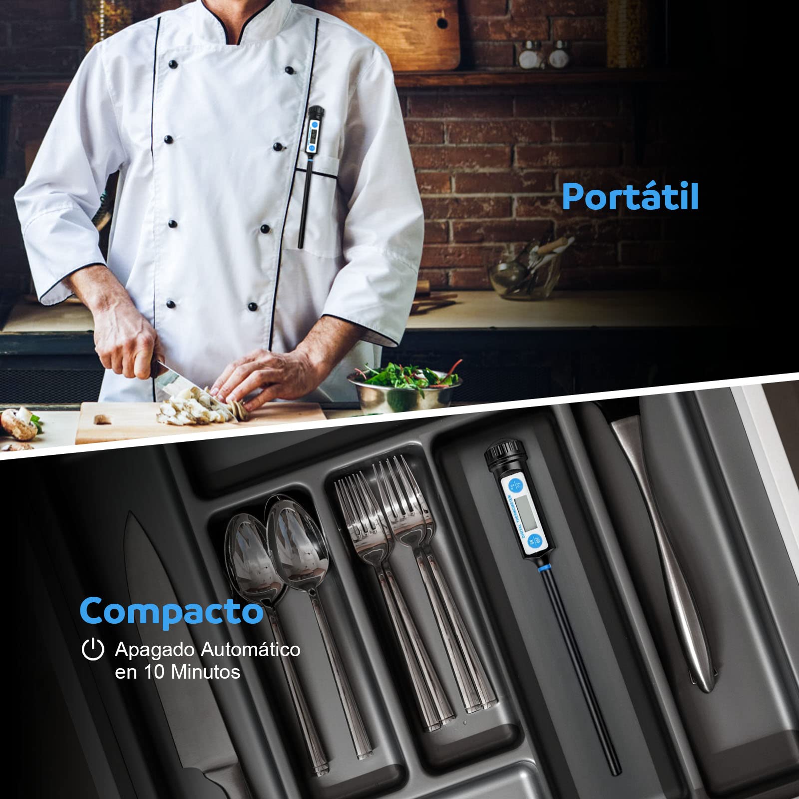 Anpro - Termómetro digital de cocina, con sonda larga y pantalla LCD, para alimentos como carne, aceite, leche, vino, barbacoa y agua caliente, negro