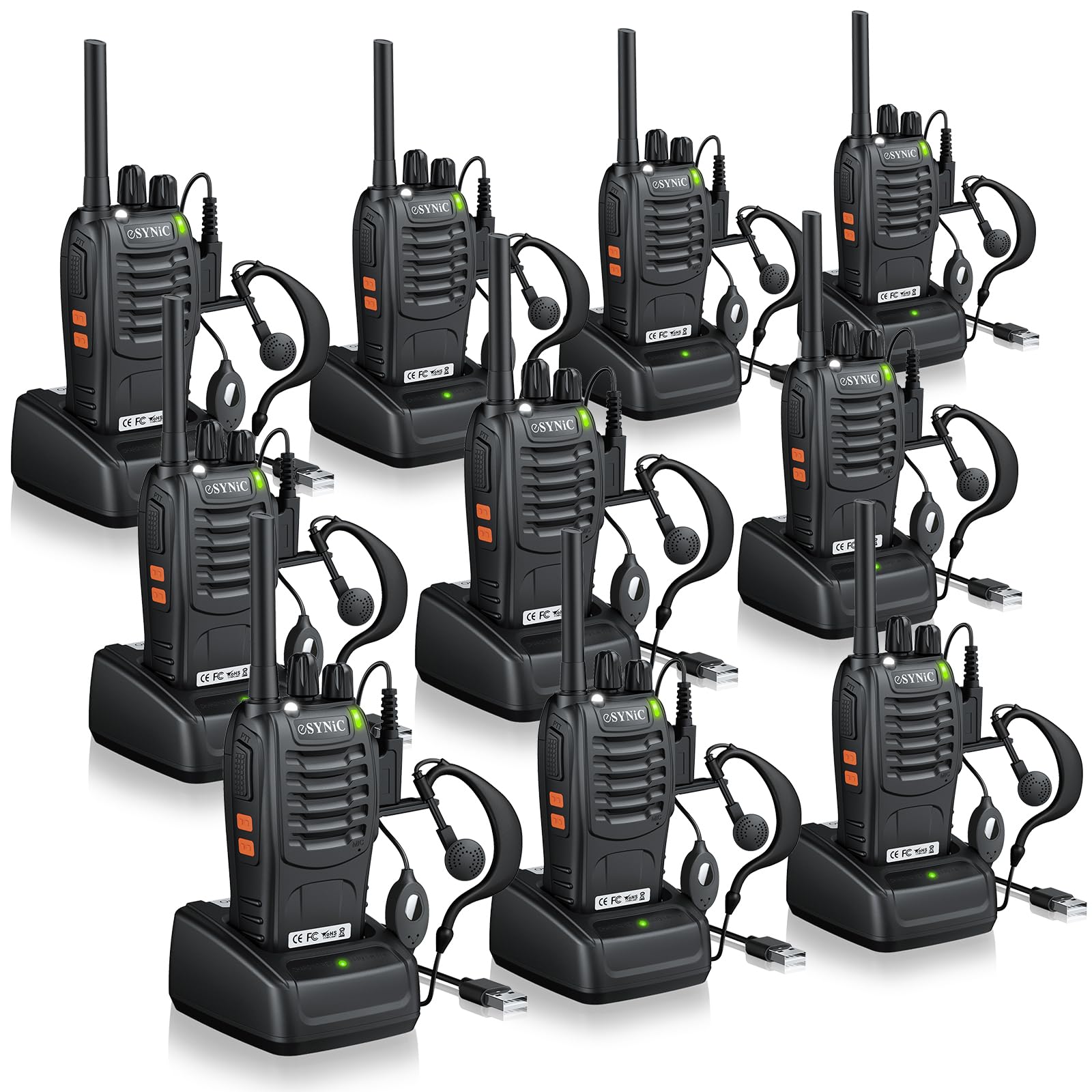 eSynic 10pcs Talkies-Walkies Longue Distance avec Écouteurs Talkie Walkie Professionnel 16 Canaux 1500 mAh avec Chargeur USB Compatible VOX pour la Survie en Pleine Nature Cyclisme