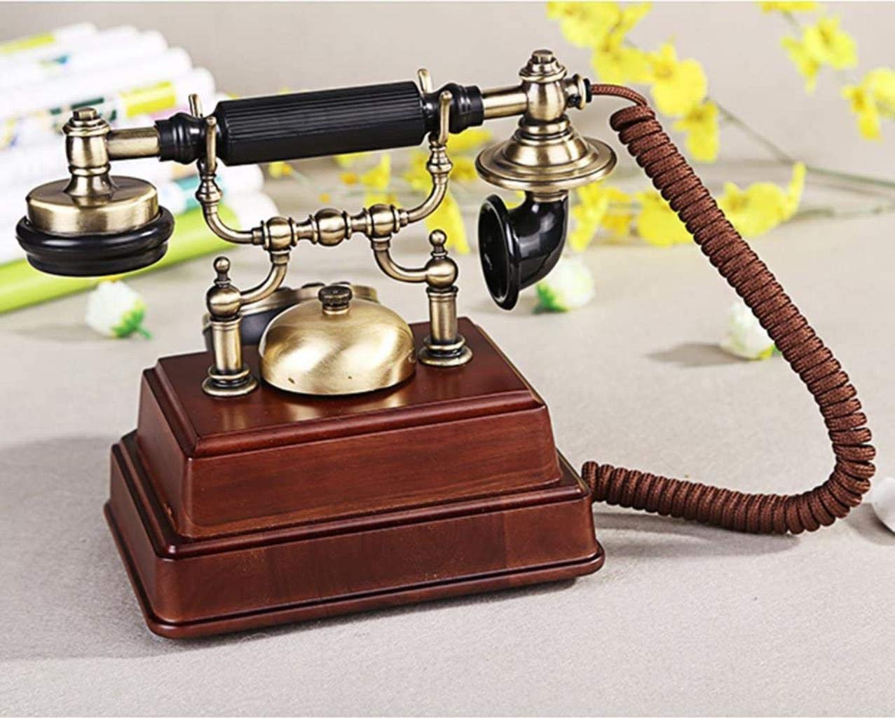 Zabytkowy telefon Europejski Retro Drewniany Antyczny Vintage Home Office Stały stacjonarny, naciśnij pokrętło