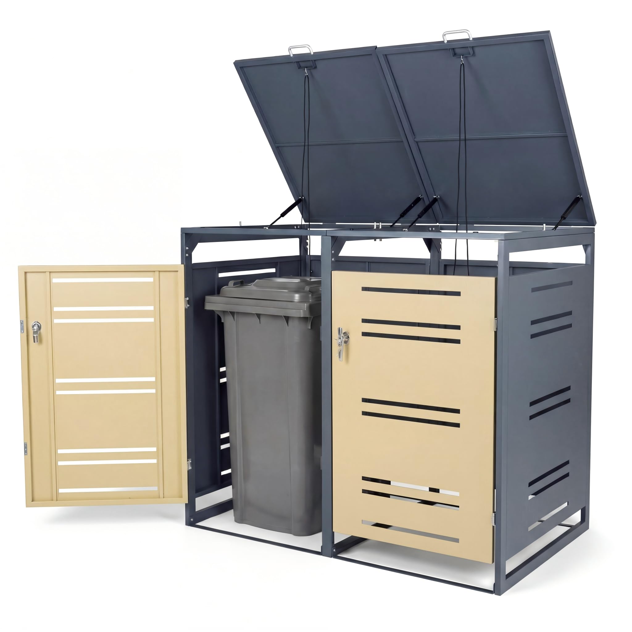 GYMAX Mülltonnenbox 2er, Mülltonnenhaus für 2X Tonnen 120-240 Liter, Mülltonnenverkleidung mit abschließbarer Tür & Gasdruckfeder, Mülltonnenhäusschen, Mülleimerboxen, Aufbewahrungsbox (Grau+Gelb)